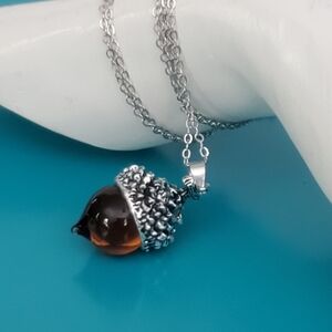 Glass Acorn Necklace With Silver Tone Cap And Chain